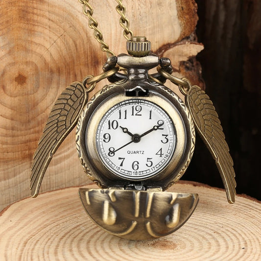 Antique Retro Ball Shaped Quartz Pocket Watch Fashion Sweater Angel Wings Necklace Chain Souvenir Gift for Men Women kids