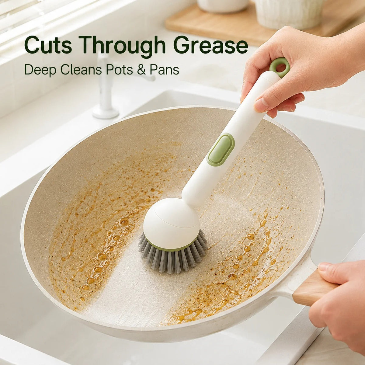 Rotating Dish Brush with Soap Dispenser Long Handle Pot Pan Cleaning Brush 6 Angle Adjustable Kitchen Scrubber Tool