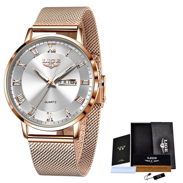 LIGE Fashion Women Watch Top Brand Luxury Ultra-Thin Mesh Watch For Women Casual Sport Quartz Date Chronograph Watches Feminino