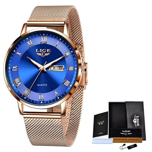 LIGE Fashion Women Watch Top Brand Luxury Ultra-Thin Mesh Watch For Women Casual Sport Quartz Date Chronograph Watches Feminino