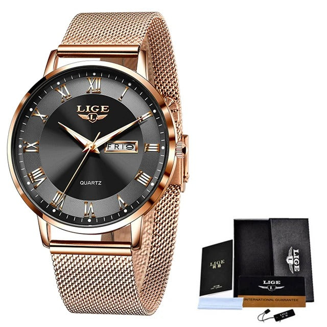 LIGE Fashion Women Watch Top Brand Luxury Ultra-Thin Mesh Watch For Women Casual Sport Quartz Date Chronograph Watches Feminino
